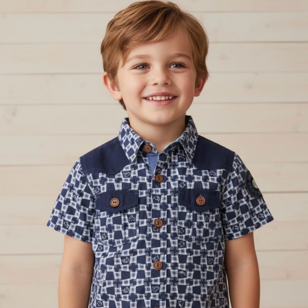 The Good Ones Navy Pattern Button Up Shirt | Kids Size 3-4